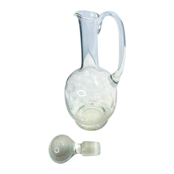 Clear Glass Wine Decanter with Stopper Etched Rose Floral Leaf Handle Pour Spout - Picture 5 of 8